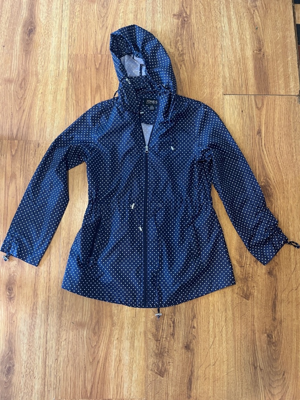 Jones New York Navy and White Polka Dot Hooded Trench Coat Size S